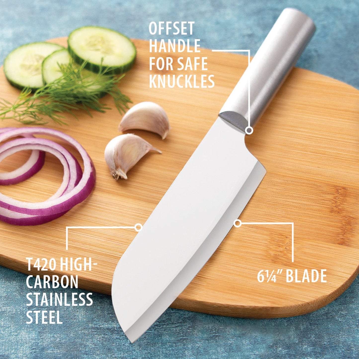 Handcrafted 6-1/4 inch high-carbon stainless steel cook's knife with an offset handle for knuckle safety, displayed on a wooden cutting board with fresh vegetables, ideal for Farm, Garden & Tool and Kitchen & Food collections.