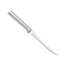 Serrated cutting knife with a solid aluminum handle and high-carbon stainless steel blade, handcrafted in the USA, ideal for kitchen food prep and slicing tomatoes thinly.