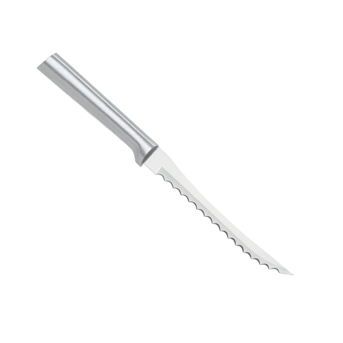 Serrated cutting knife with a solid aluminum handle and high-carbon stainless steel blade, handcrafted in the USA, ideal for kitchen food prep and slicing tomatoes thinly.