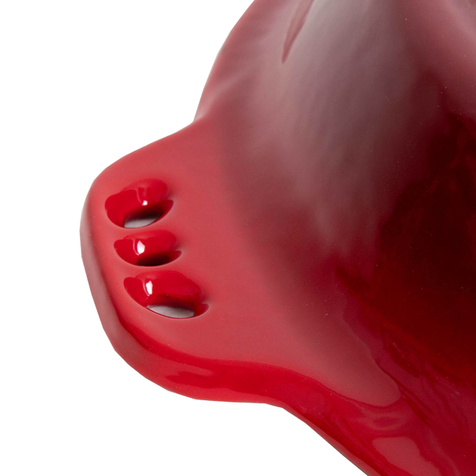 Close-up of a handcrafted red cast iron pie pan handle with three ventilation holes and a smooth glossy finish, ideal for Kitchen & Food, Cast Iron, Cookware, Baking Supplies, Best Sellers, and Promo Eligible collections.