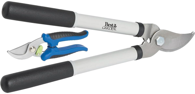 Bypass lopper and pruning shears combo with carbon steel cutting blades, rubberized handles for comfort, designed for precision trimming in Farm, Garden & Tool and Hand Tools and Hardware collections.