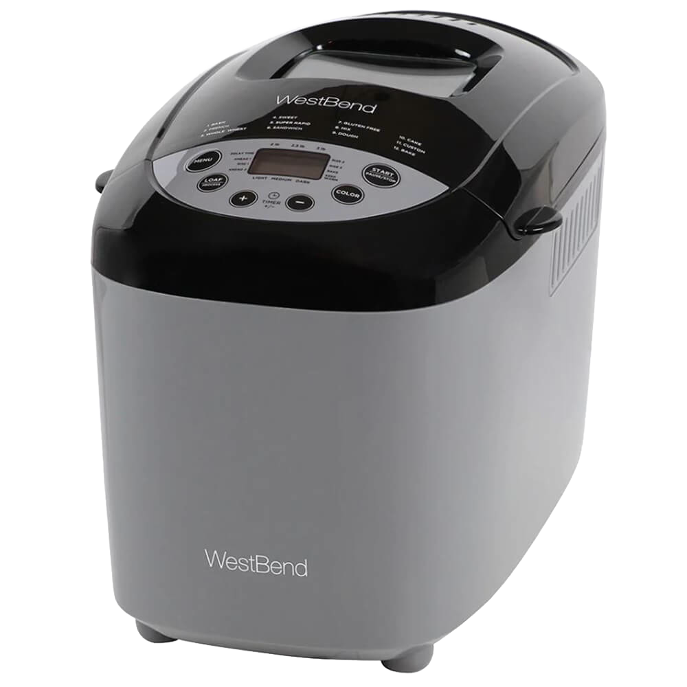 Compact electric bread maker machine in gray and black with digital control panel featuring 12 programmable settings, ideal for Kitchen & Food, Baking Supplies, and Kitchen Gadgets collections.