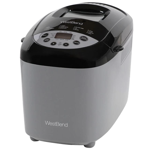 Compact electric bread maker machine in gray and black with digital control panel featuring 12 programmable settings, ideal for Kitchen & Food, Baking Supplies, and Kitchen Gadgets collections.