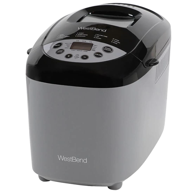 Compact electric bread maker machine in gray and black with digital control panel featuring 12 programmable settings, ideal for Kitchen & Food, Baking Supplies, and Kitchen Gadgets collections.