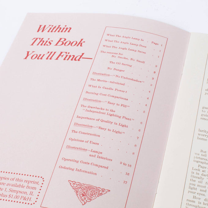 Close-up of a page from a pale pink booklet listing its contents about angle lamps, featuring vintage-style red text and illustrations, suitable for Heritage and Lifestyle Books collections.