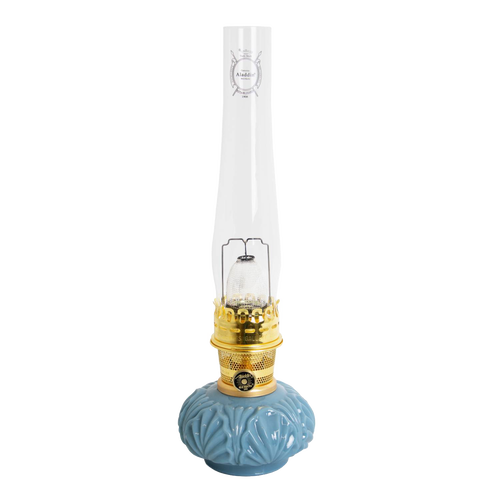 Handcrafted limited edition oil lamp with glossy Georgia Blue glass base and tall clear chimney, perfect for Lamps & Lighting, Oil Lamps, Table Lamps, Best Sellers, and Promo Eligible collections.