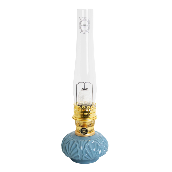 Handcrafted limited edition oil lamp with glossy Georgia Blue glass base and tall clear chimney, perfect for Lamps & Lighting, Oil Lamps, Table Lamps, Best Sellers, and Promo Eligible collections.