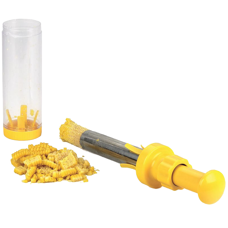 Yellow-handled corn stripper with stainless steel blade and clear plastic kernel catcher, designed for efficient corn kernel removal; featured in Kitchen & Food, Food Preservation, Freezing, and Best Sellers collections.