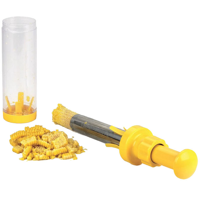 Yellow-handled corn stripper with stainless steel blade and clear plastic kernel catcher, designed for efficient corn kernel removal; featured in Kitchen & Food, Food Preservation, Freezing, and Best Sellers collections.