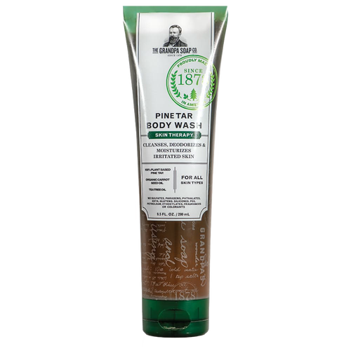 Tube of pine tar body wash with green and white labeling, promoting skin therapy benefits, made in the USA, part of Health & Wellness and Grooming and Personal Hygiene collections.