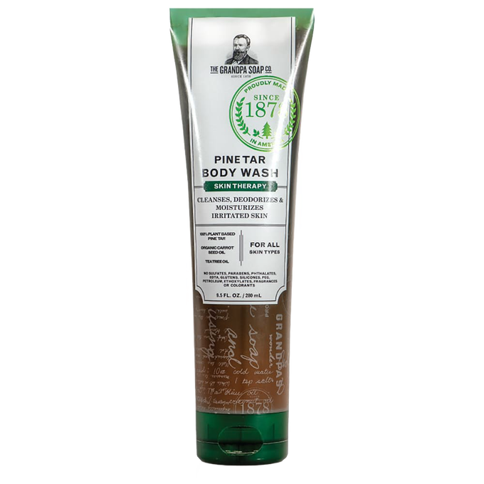 Tube of pine tar body wash with green and white labeling, promoting skin therapy benefits, made in the USA, part of Health & Wellness and Grooming and Personal Hygiene collections.