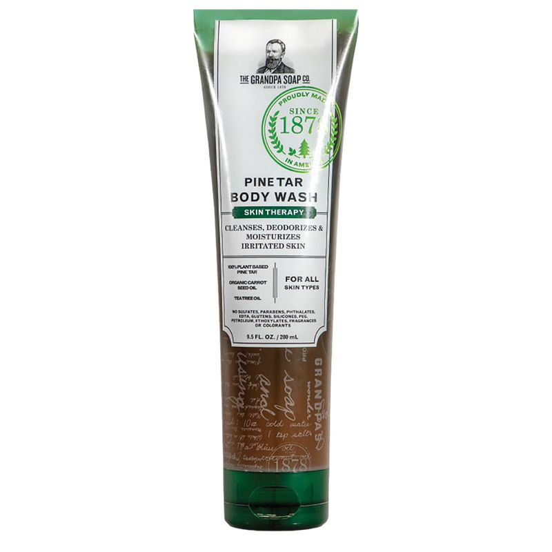 Tube of pine tar body wash with green and white labeling, promoting skin therapy benefits, made in the USA, part of Health & Wellness and Grooming and Personal Hygiene collections.