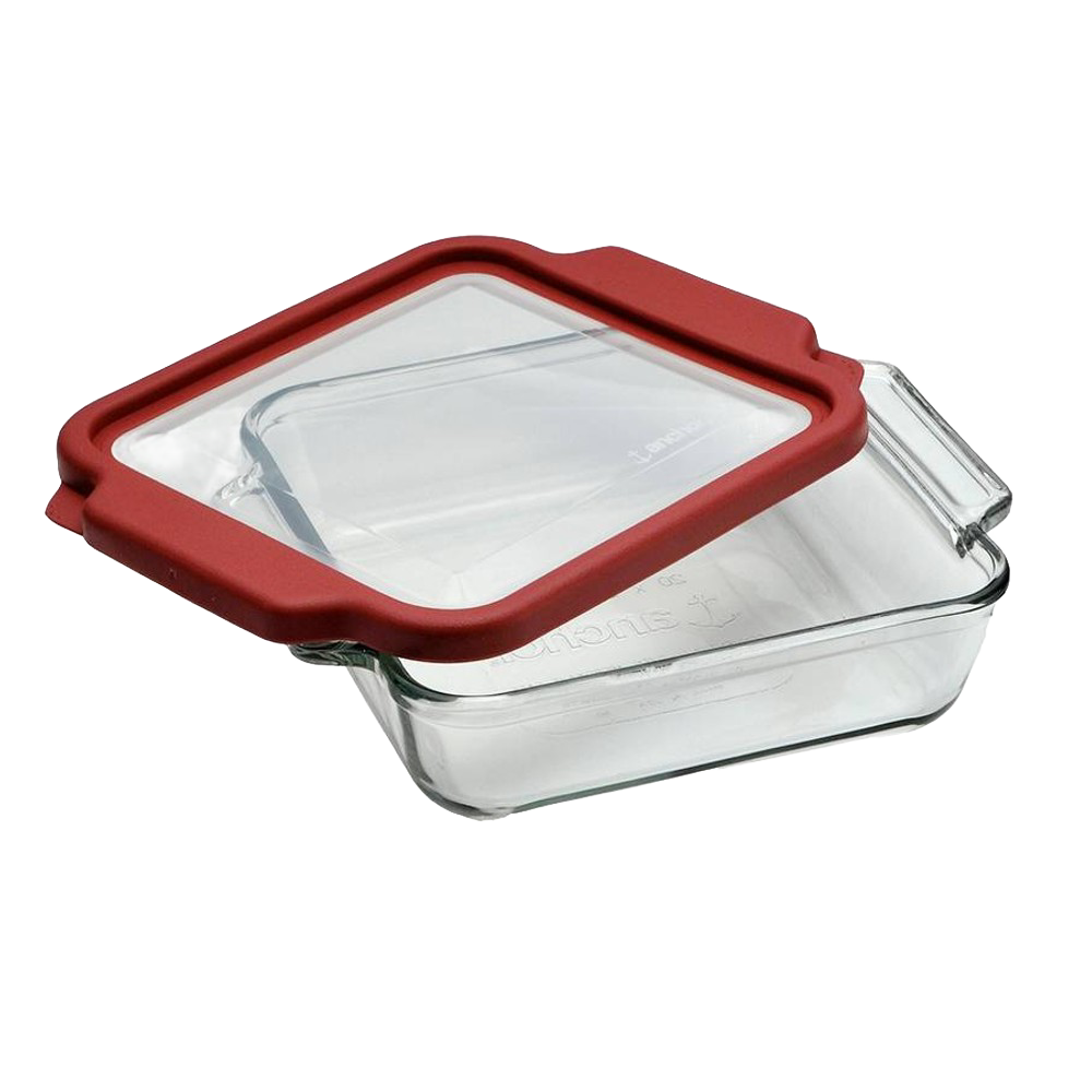 Clear glass bakeware with a durable red plastic storage lid designed for a secure fit, perfect for Kitchen & Food, Storage and Serving, USA Made, Best Sellers, and Promo Eligible collections.