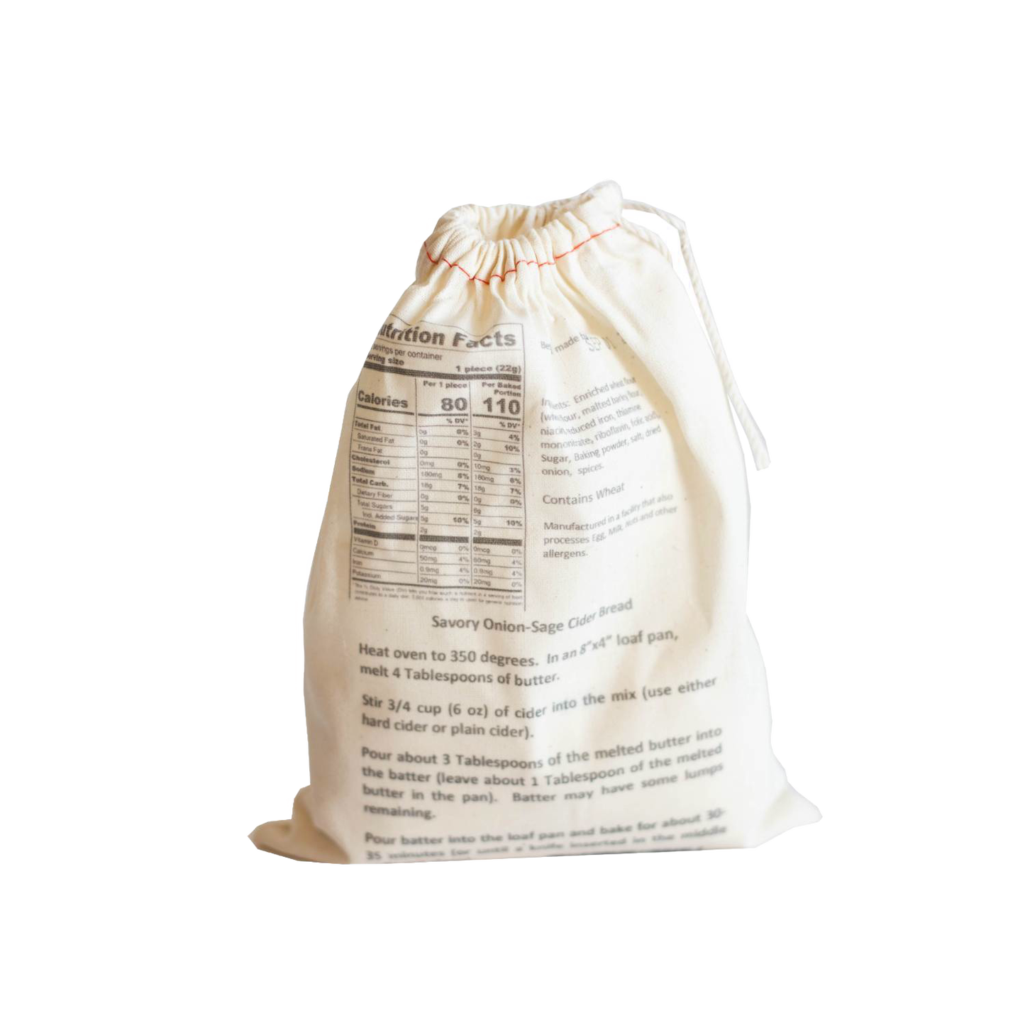 Soft fabric drawstring bag featuring handcrafted savory onion-sage cider bread mix with baking instructions and nutrition facts, ideal for Kitchen & Food, Pantry, Dry Goods and Mixes, Best Sellers, and Promo Eligible collections.