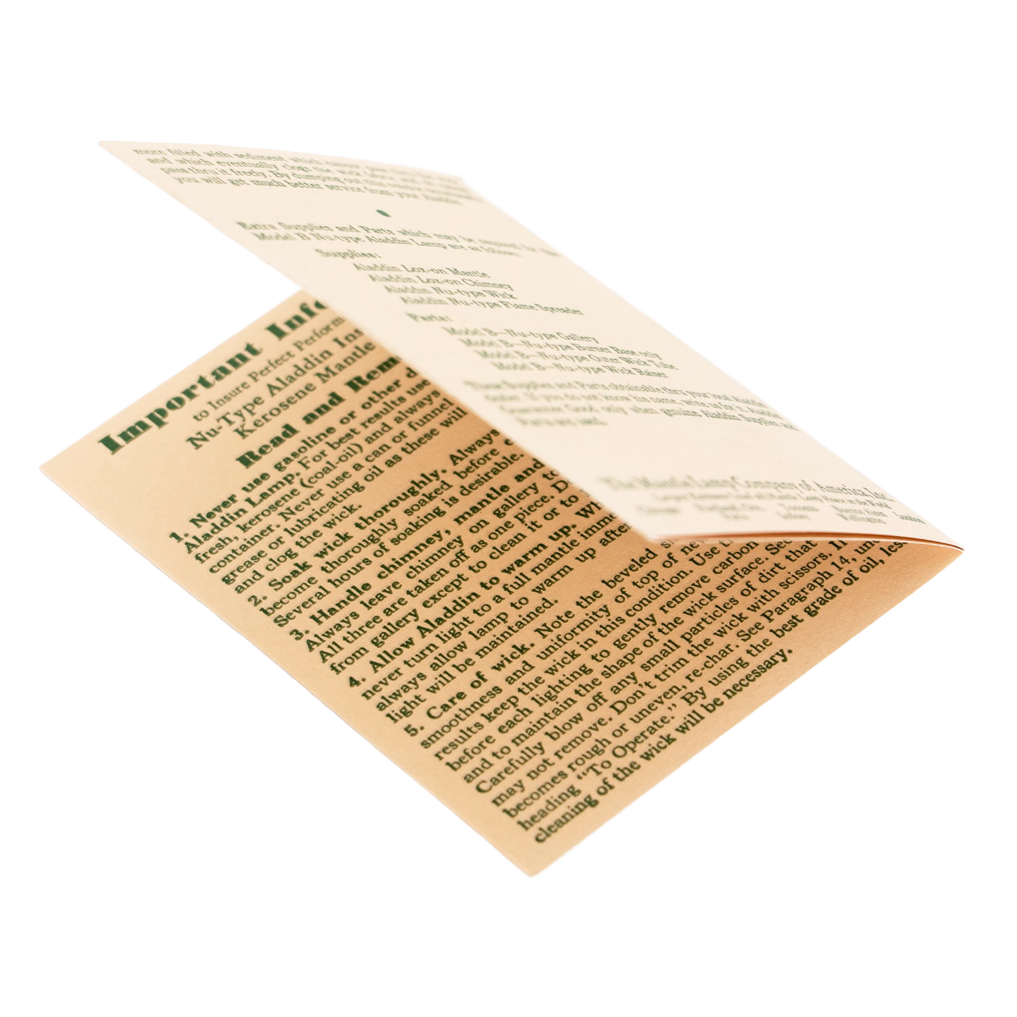 Folded vintage-style instruction booklet featuring assembly and maintenance tips for the Model B lamp burner, ideal for Lamps & Lighting and Parts and Accessories collections.