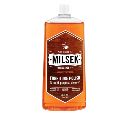 Clear plastic bottle of orange oil wood furniture polish and multi-purpose cleaner with white cap and vintage label, suitable for Home & Decor, Household Cleaning, and USA Made collections.