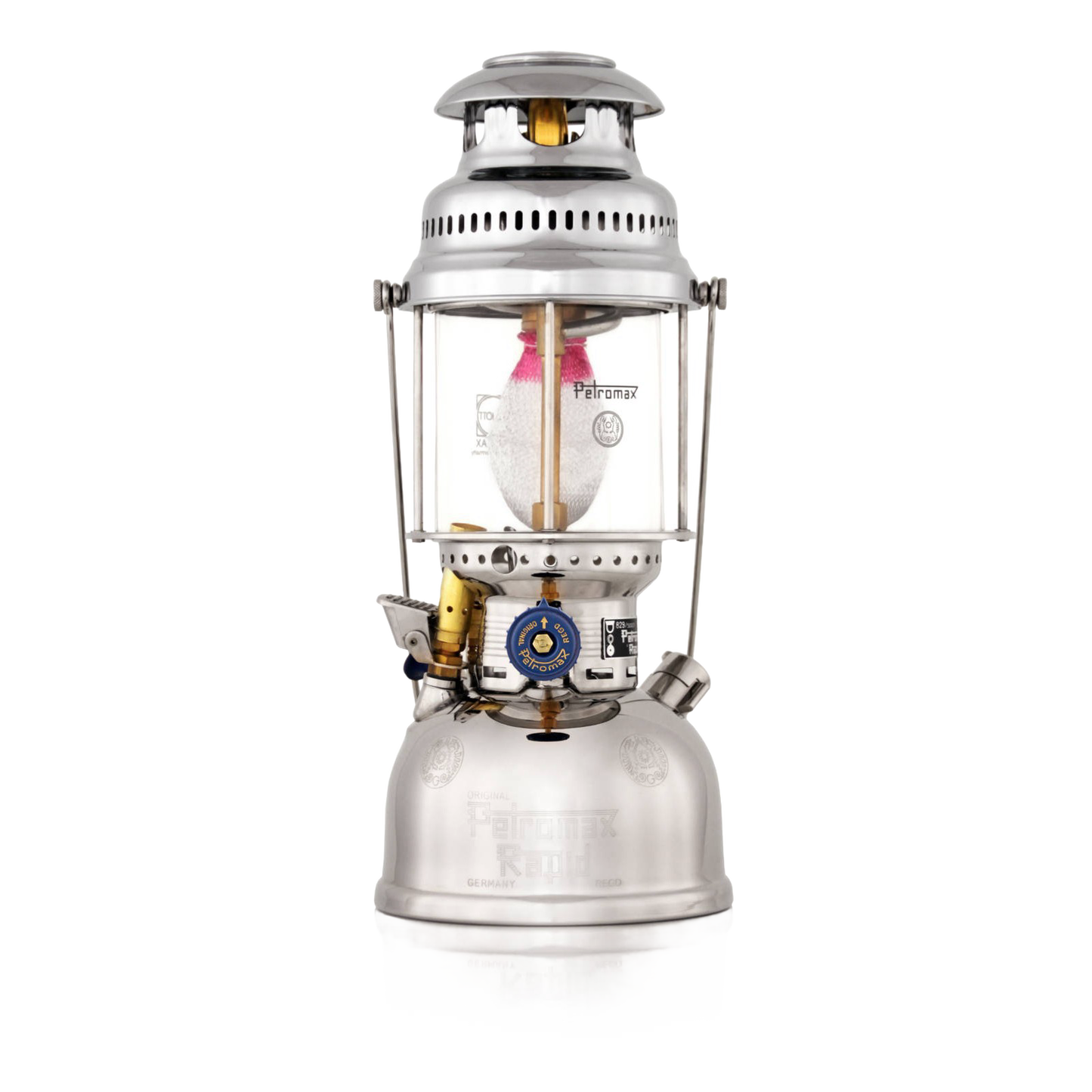 Classic polished steel Petromax-style pressure lamp featuring a clear glass globe with visible mantle, detailed brass fittings, and a sturdy handle, ideal for Lamps & Lighting, Parts and Accessories, Other Parts, Best Sellers, and Promo Eligible collections.