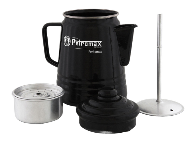 Black enameled steel coffee percolator with spout and handle, accompanied by a stainless steel filter basket, plunger, and lid, ideal for brewing coffee or tea in Farm, Garden & Tool, Kitchen & Food, Camping, Brewing Coffee and Tea, and Best Sellers collections.