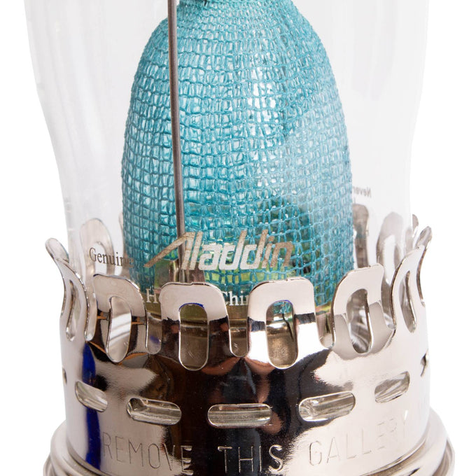 Close-up of the polished metal burner and wick adjustment on a handcrafted amber oil lamp with blue fabric wick, ideal for Farm, Garden & Tool, Lamps & Lighting, Emergency Supplies, Oil Lamps, Wall Lamps, and Best Sellers collections.