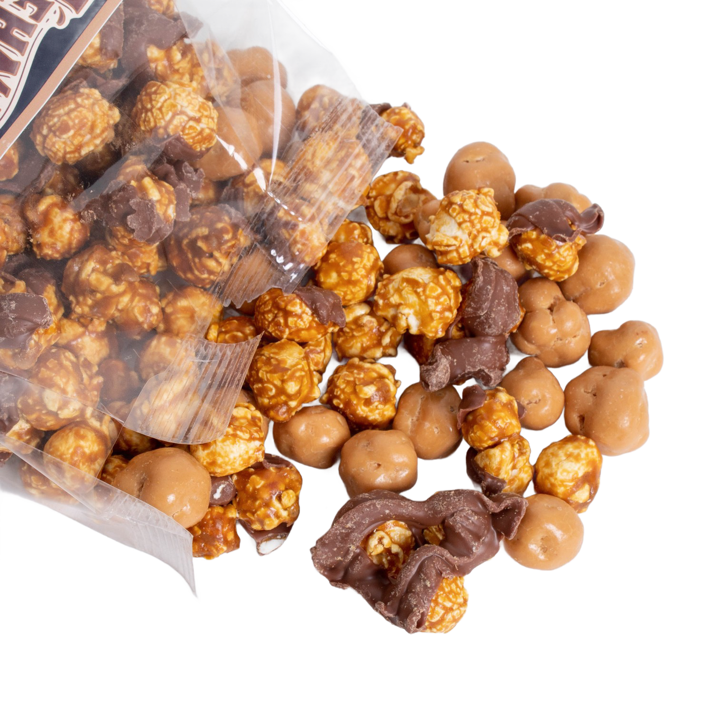 Clear bag spilling handcrafted caramel popcorn with assorted chocolate-coated pieces, a unique Amish-made sweet and crunchy treat featured in Kitchen & Food, Snacks and Sweets, Popcorn, USA Made, and Best Sellers collections.