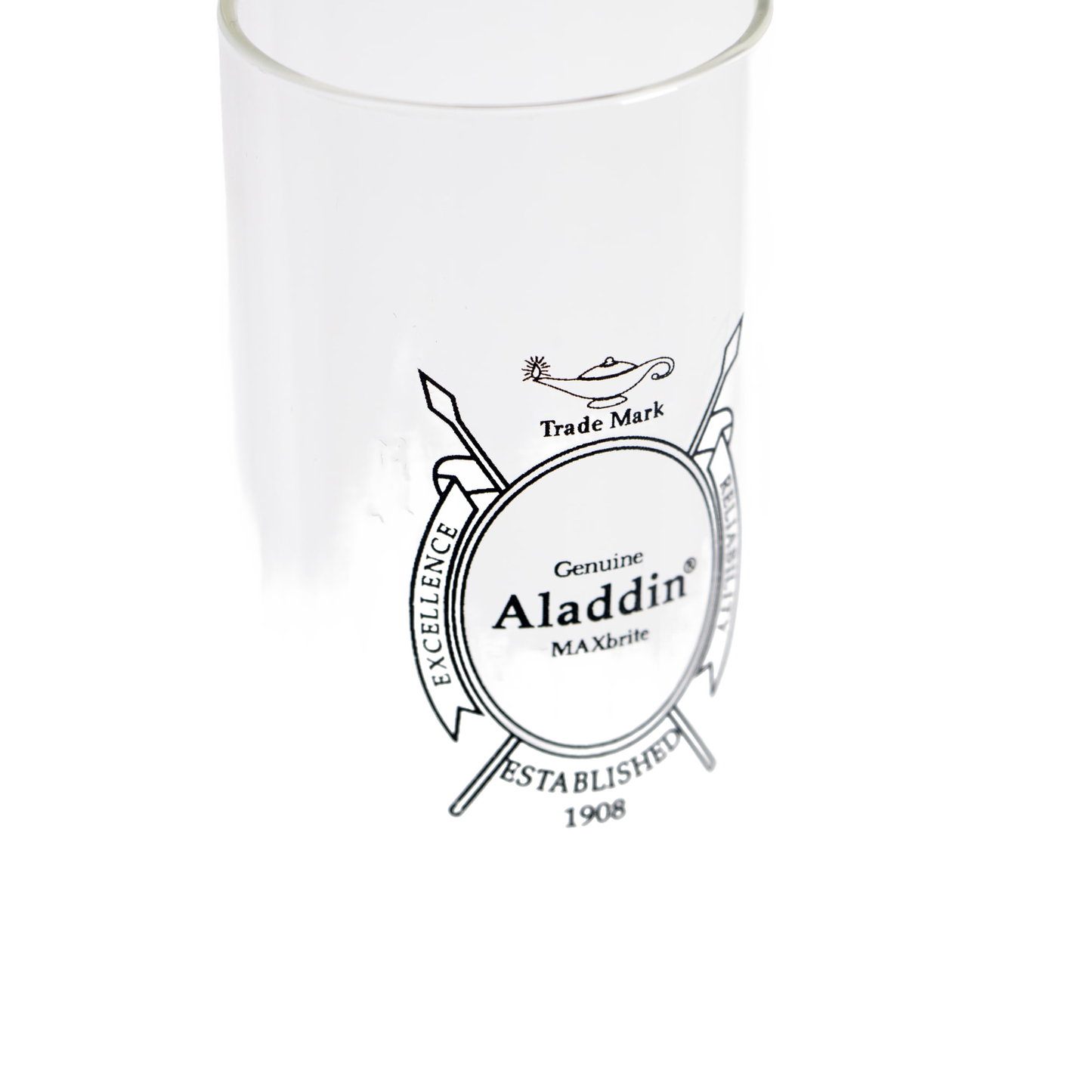 Clear glass chimney for oil lamp featuring vintage Aladdin MAXbrite logo with decorative frame and classic trade mark emblem, suitable for lamps and lighting collections.