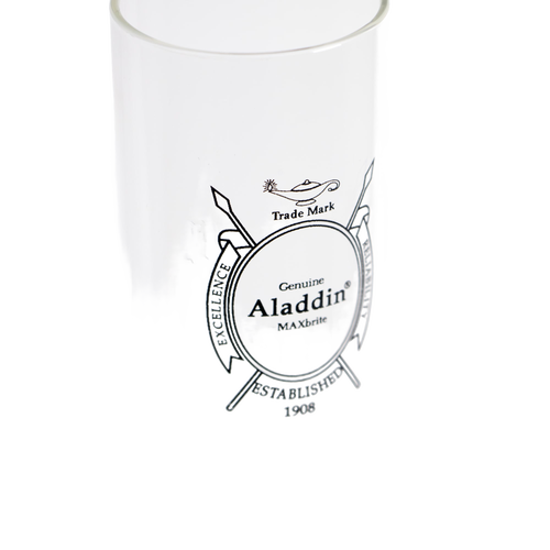 Clear glass chimney for oil lamp featuring vintage Aladdin MAXbrite logo with decorative frame and classic trade mark emblem, suitable for lamps and lighting collections.
