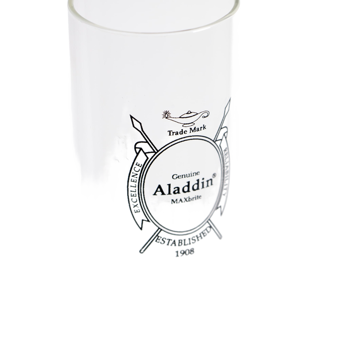 Clear glass chimney for oil lamp featuring vintage Aladdin MAXbrite logo with decorative frame and classic trade mark emblem, suitable for lamps and lighting collections.