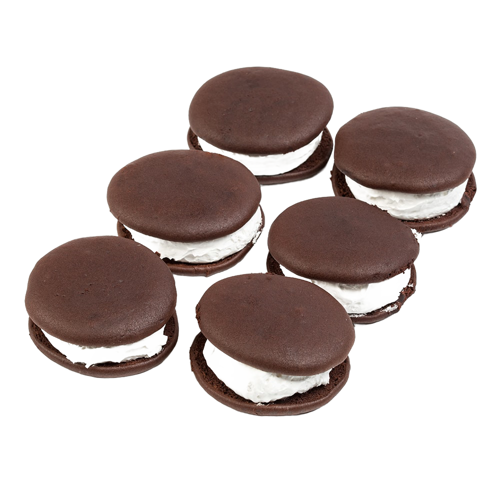 Group of six handcrafted Amish made soft, cake-like dark chocolate cookie sandwiches with fluffy white filling, part of Kitchen & Food, Snacks and Sweets, USA Made collections.