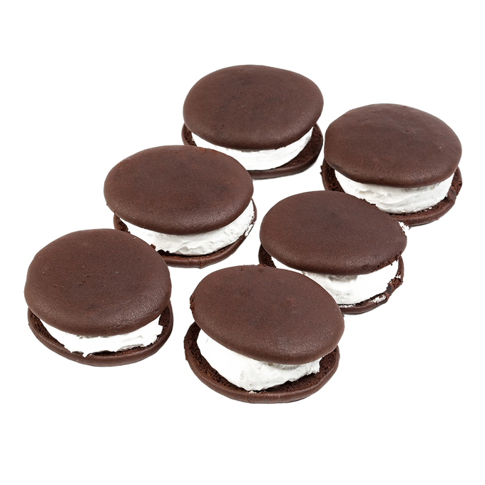 Group of six handcrafted Amish made soft, cake-like dark chocolate cookie sandwiches with fluffy white filling, part of Kitchen & Food, Snacks and Sweets, USA Made collections.