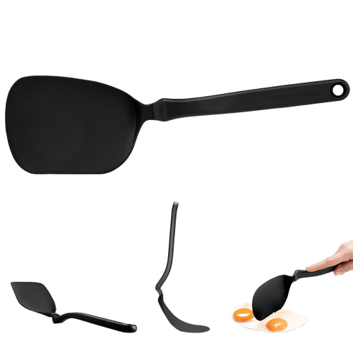 Black flexible spatula with a long handle shown in various positions and lifting a fried egg, perfect for Kitchen & Food, Kitchen Gadgets, Cooking and Baking Helpers, Best Sellers, and Promo Eligible collections.