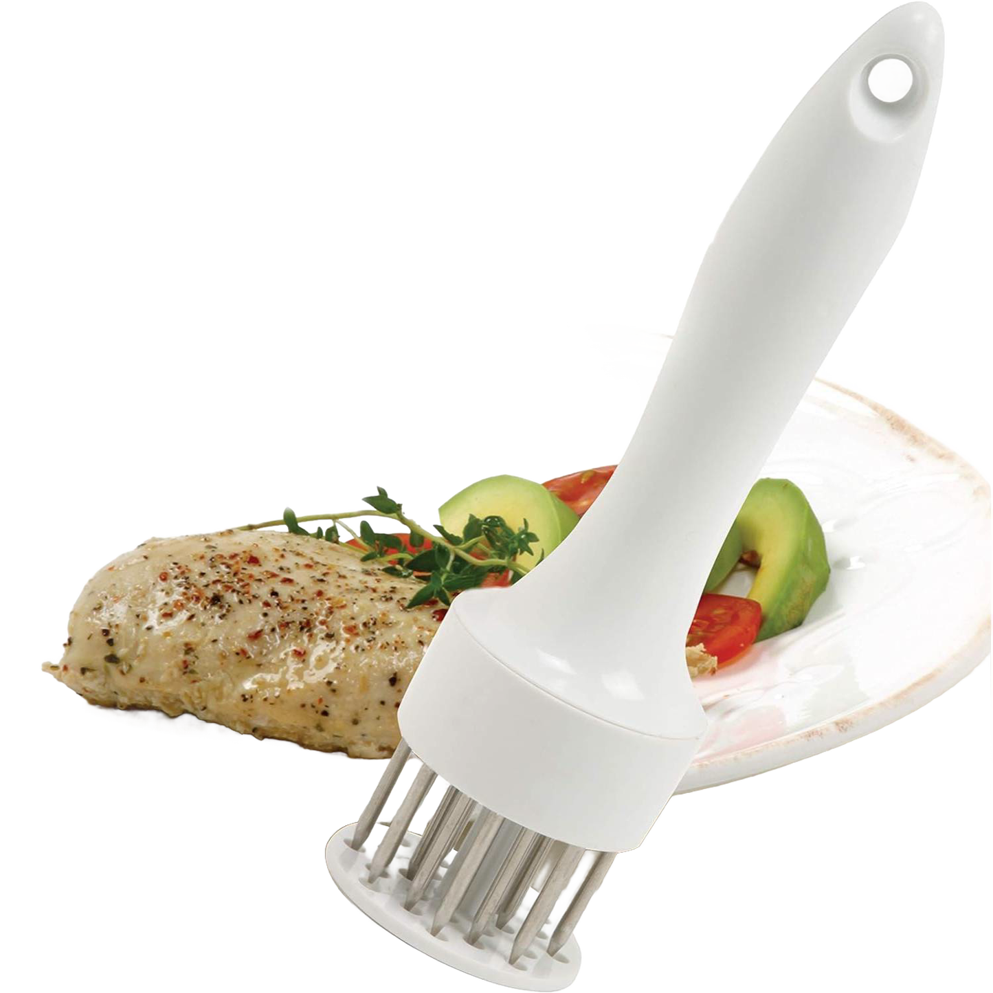 White plastic-handled meat tenderizer with 24 stainless-steel prongs positioned on a plate next to seasoned cooked poultry, part of Kitchen Gadgets and Butchering Supplies collections.