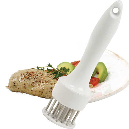 White plastic-handled meat tenderizer with 24 stainless-steel prongs positioned on a plate next to seasoned cooked poultry, part of Kitchen Gadgets and Butchering Supplies collections.