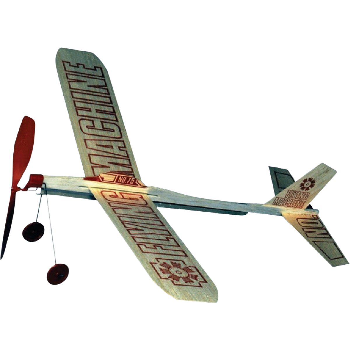 Handcrafted balsa wood flying machine with 17-inch wingspan and red propeller, designed for outdoor play and long-distance flight, part of USA Made children’s toys collection.