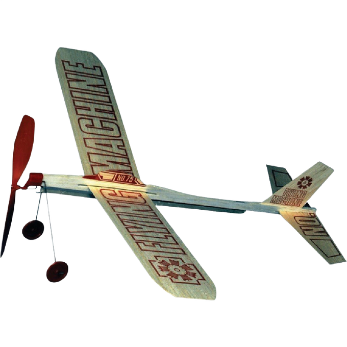 Handcrafted balsa wood flying machine with 17-inch wingspan and red propeller, designed for outdoor play and long-distance flight, part of USA Made children’s toys collection.