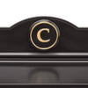 Close-up of a handcrafted black and gold personalized monogram detail on a custom wall mount mailbox, part of Home & Decor, Mailboxes and Address Signs, and USA Made collections.