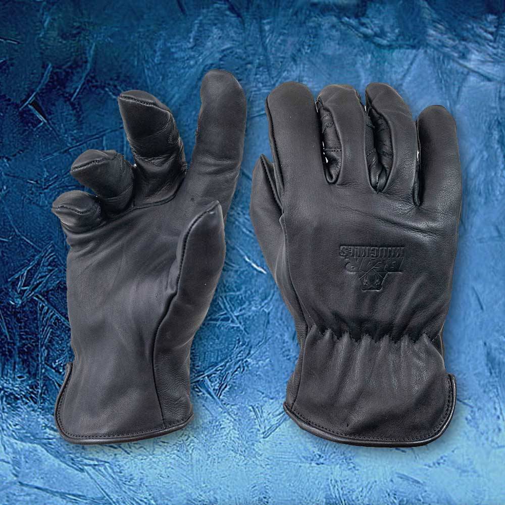Pair of black fleece-lined cowhide driver gloves with a patented ergonomic curved finger design, winged thumb, waterproofing, and durable stitching, suited for outdoor and tool use in Health & Wellness, Farm, Garden & Tool, Hand Tools and Hardware, Clothing and Accessories, Best Sellers, Promo Eligible collections.