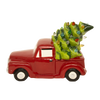 Unique handcrafted dolomite red truck carrying a green Christmas tree with multicolored LED lights, battery operated, perfect for Home & Decor, Holiday Decor, Best Sellers, and Promo Eligible collections.