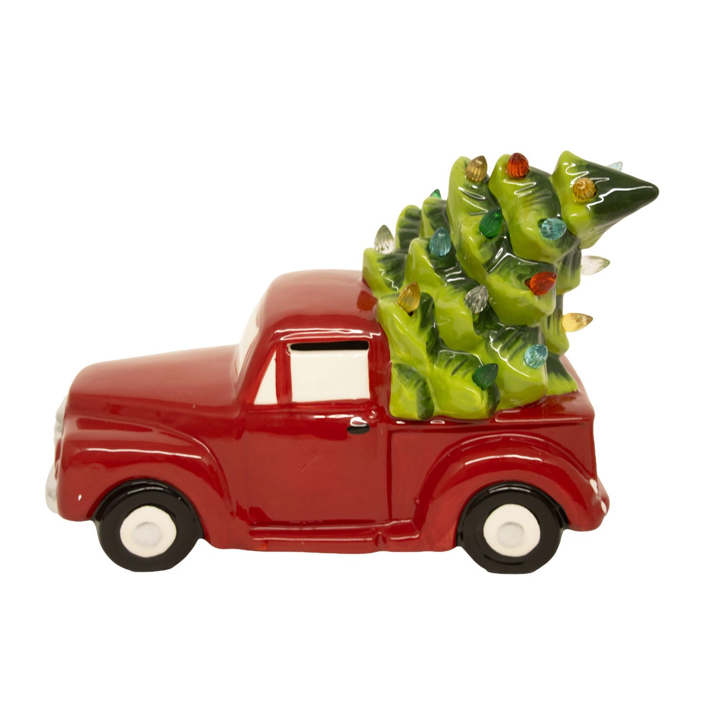 Unique handcrafted dolomite red truck carrying a green Christmas tree with multicolored LED lights, battery operated, perfect for Home & Decor, Holiday Decor, Best Sellers, and Promo Eligible collections.