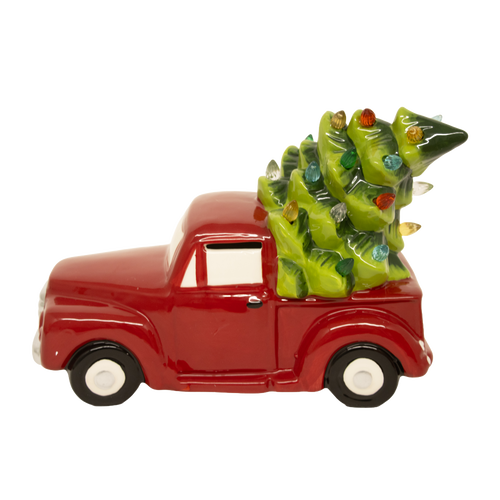 Unique handcrafted dolomite red truck carrying a green Christmas tree with multicolored LED lights, battery operated, perfect for Home & Decor, Holiday Decor, Best Sellers, and Promo Eligible collections.