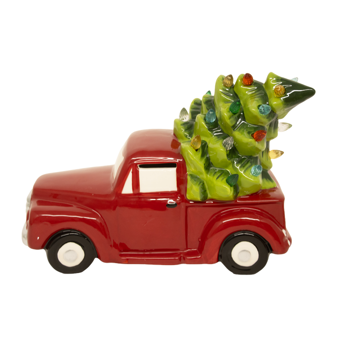 Unique handcrafted dolomite red truck carrying a green Christmas tree with multicolored LED lights, battery operated, perfect for Home & Decor, Holiday Decor, Best Sellers, and Promo Eligible collections.