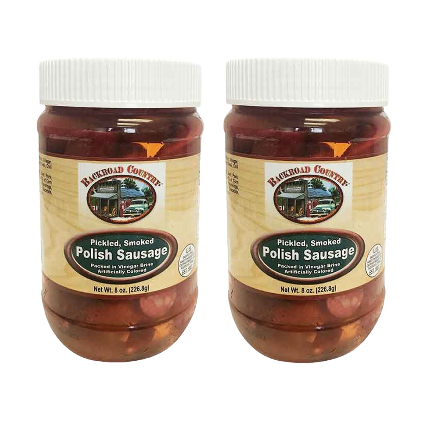 Two jars of handcrafted pickled smoked Polish sausage in clear jars with white lids, featuring rustic Amish Country packaging in Pantry, Meats, and USA Made collections.