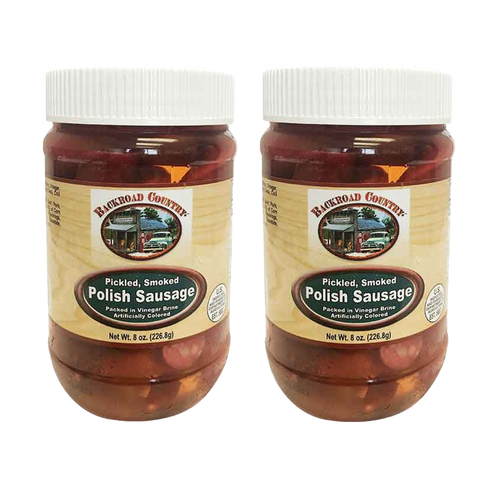 Two jars of handcrafted pickled smoked Polish sausage in clear jars with white lids, featuring rustic Amish Country packaging in Pantry, Meats, and USA Made collections.
