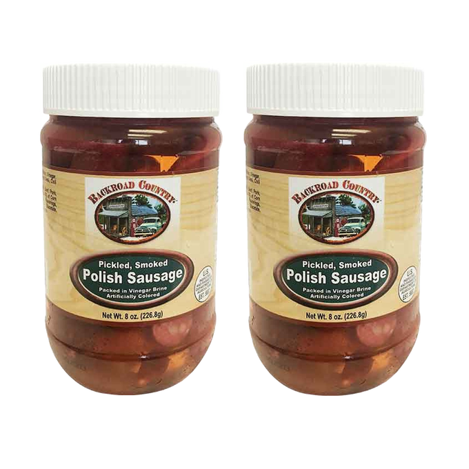 Two jars of handcrafted pickled smoked Polish sausage in clear jars with white lids, featuring rustic Amish Country packaging in Pantry, Meats, and USA Made collections.