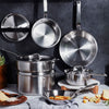 Set of handcrafted fully clad stainless steel pots and pans including fry pans, saucepans with lids, and a sautè pan, displayed on a dark countertop for Kitchen & Food and Cookware collections.