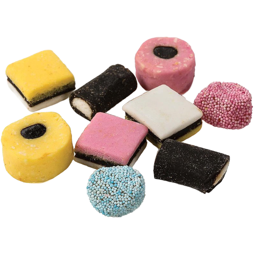 Assortment of old-fashioned licorice mix candies in various colors and fruit flavors, handcrafted in the USA, part of Kitchen & Food, Snacks and Sweets, Candy, and Best Sellers collections.