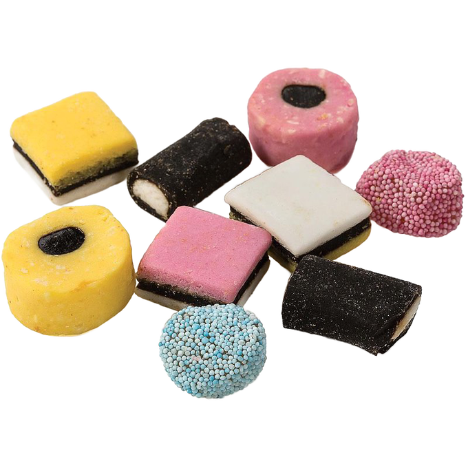 Assortment of old-fashioned licorice mix candies in various colors and fruit flavors, handcrafted in the USA, part of Kitchen & Food, Snacks and Sweets, Candy, and Best Sellers collections.