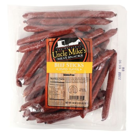 Clear resealable bag of handcrafted hickory-flavored beef sticks, made in USA, perfect for Kitchen & Food, Snacks and Sweets, Meats, Holiday Hosting, USA Made, Best Sellers, and Promo Eligible collections.