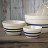 Set of handcrafted USA-made stoneware shoulder bowls with blue stripes, ideal for mixing, baking, serving, and part of Kitchen & Food, Cookware, Baking Supplies, and USA Made collections.