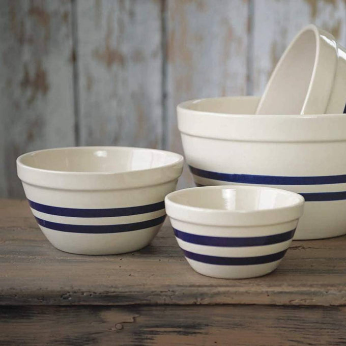 Set of handcrafted USA-made stoneware shoulder bowls with blue stripes, ideal for mixing, baking, serving, and part of Kitchen & Food, Cookware, Baking Supplies, and USA Made collections.