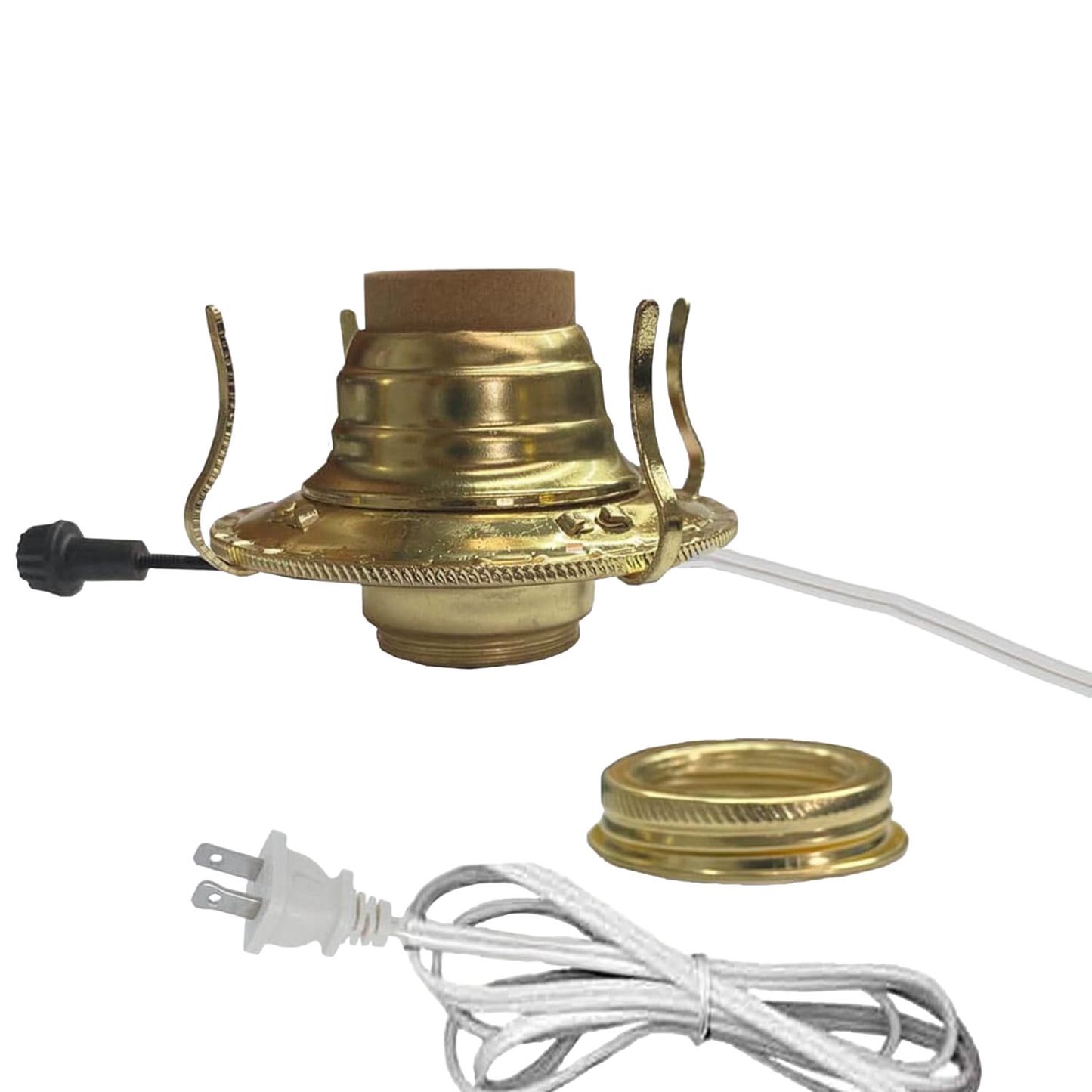 Handcrafted brass plated electrified burner with removable screw-on collar, threaded 1-3/16" base, UL listed 6 ft. white cord, suitable for Lamps & Lighting, Parts and Accessories, and Electric Conversion collections.